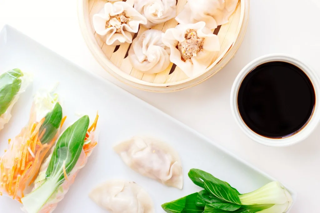 Dumplings and Spring Rolls with Soy Sauce