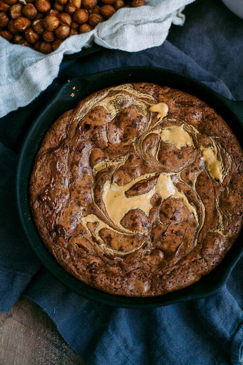 Double Dark Chocolate Skillet Brownie With Peanut Butter Swirl