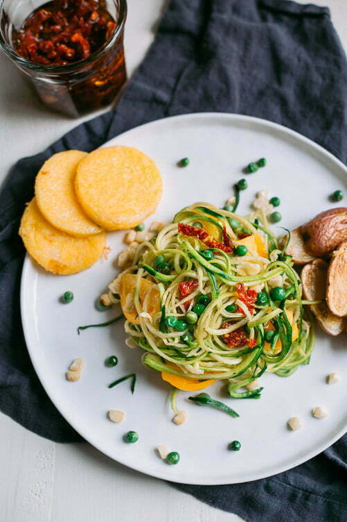 Spiralized Zucchini Pasta with Garlic Peas and Polenta